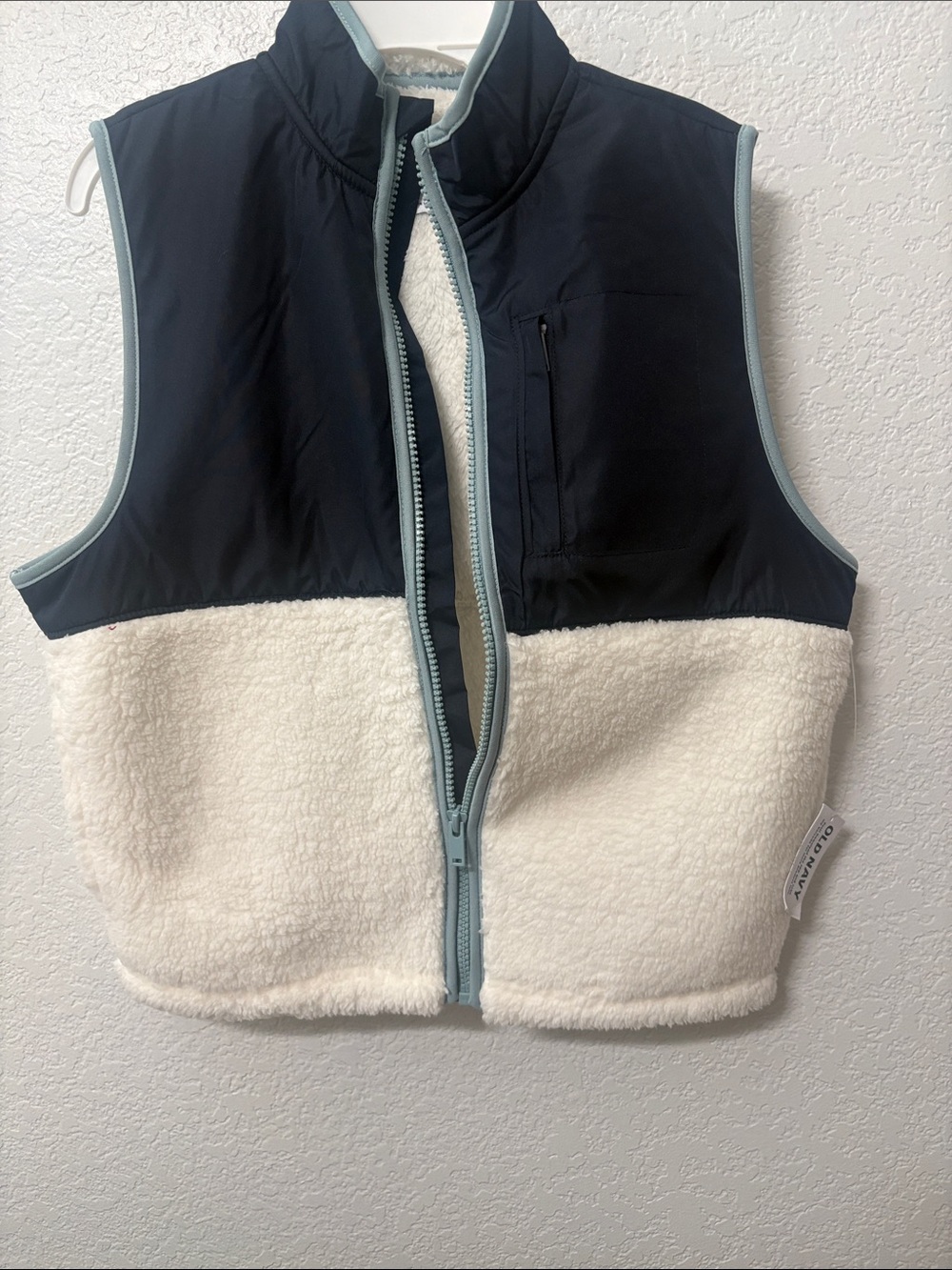 Old Navy Black & Cream Sherpa Zip Vest with Blue Trim